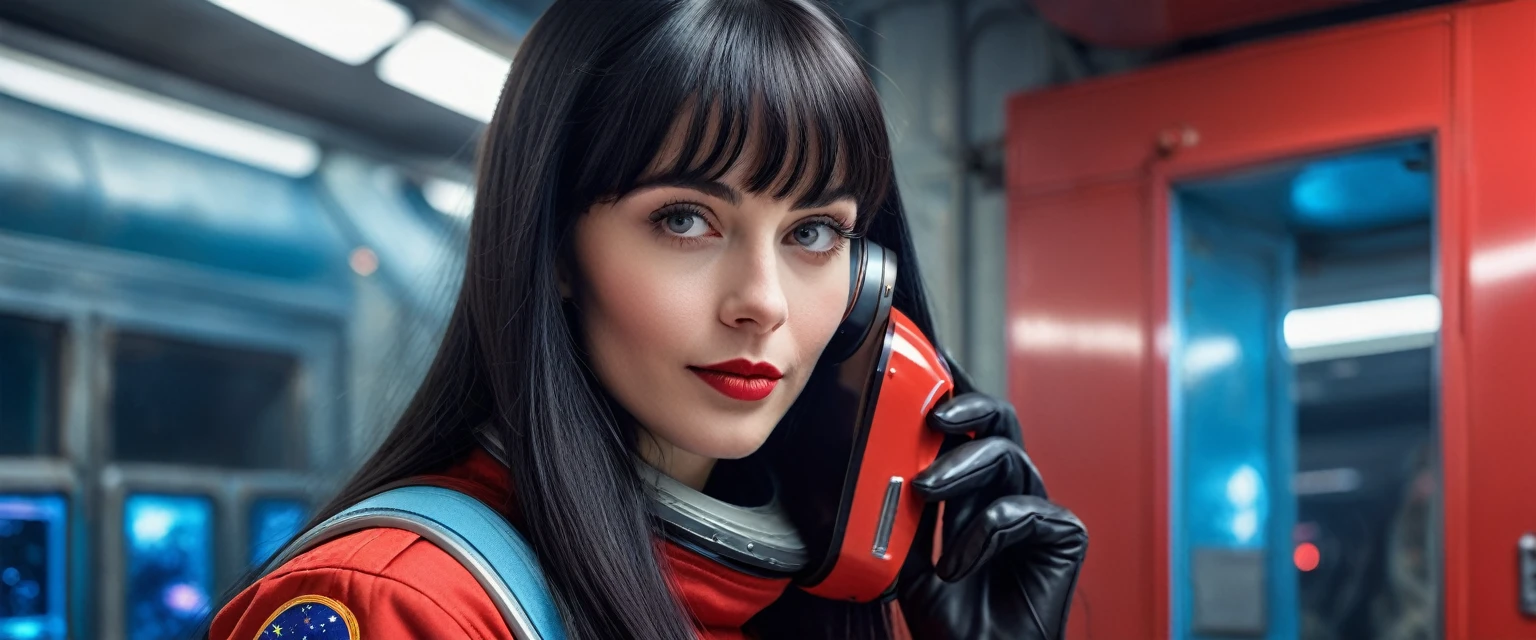 high contrast illustration, shades of blue colors, back point a view, a beautiful european woman, looking at the viewer with suspicious face and a shy smile, she wears shyne metalic space suit, hands in the waist, dramatic vivid lights, in deep space with a planet and sun