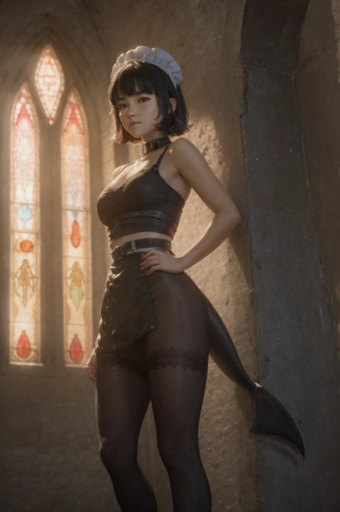 A young girl in realistic portrait of high quality and detail, movie style, Ellen Joe (Zenless Zone Zero), a young girl with short black hair with red tips at the ends. She also has red eyes and makeup. She is wearing a short maid costume, nylon tights, black underpants, high-heeled shoes. She also has a shark's tail, light and peaceful atmosphere, glow, eye shadow, 1girl, fantasy, Depth & Perspective, smiling on her face, Mystical powers, fine face, She stands in the middle of the church hall, indoors, sunlight from stained glass windows, looking at viewer, (ultra-high detail:1.2), Masterpiece, Best Quality, Ultra-detailed, Cinematic lighting, 8K, delicate features, cinematic, 35 mm lens, f/1.9, highlight lighting, global lighting –uplight –v 4, cinematic, Cinematic lighting, 8K, high quality, Highest Quality, (Solo Focus), (extremly intricate:1.3), (Realistic), masterful, Analog style, (Film grain:1.5), (warm hue, cold tone), 