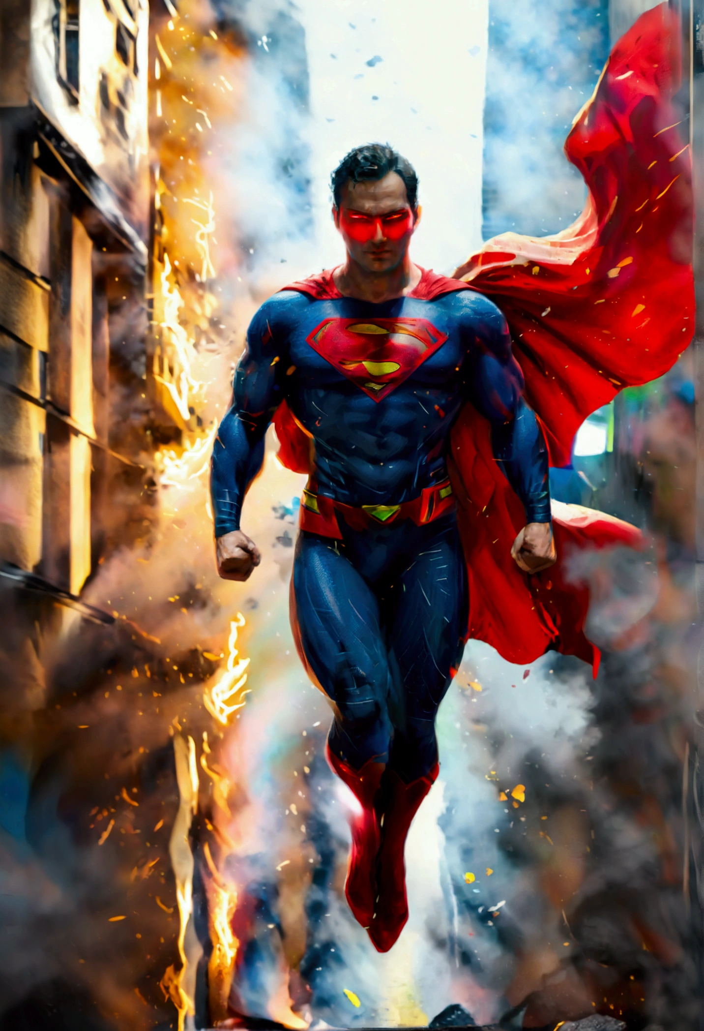 superman flying high speed though the street between building in superhero pose cape flapping,bright colors