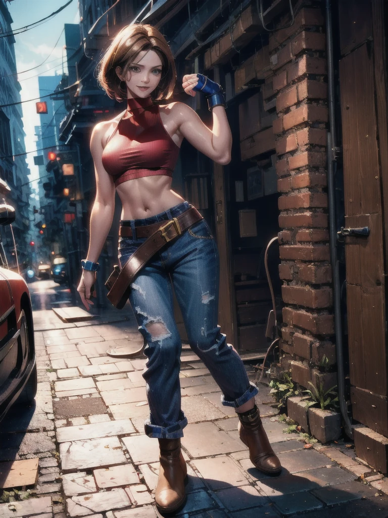 30 year old woman, alone, athletic, by the semi-cut ruby, she is wearing a tight red crop top, he wears blue jogger pants, has two belts, one small and the other a large belt hanging from his brown waist., wears blue fingerless gloves , he wears brown boots, smile at the viewer, points at the viewer, There is a little brown dog with white spots with her, high resolution, absurd, intricate, sharp focus, a New York alley in the background, Best Quality, Masterpiece, high resolution, Perfect picture, Very detailed, High contrast, Digital colors, simple, medium shot, cinematographic, ultra sharp focus, award-winning photography, perFect contrast, high sharpness, depth of field, ultra detailed photography, global illumination, fluid, ultra high definition, 8k, unreal engine 5, ultra-sharp focus, award-winning photography, Art Season Trends,
