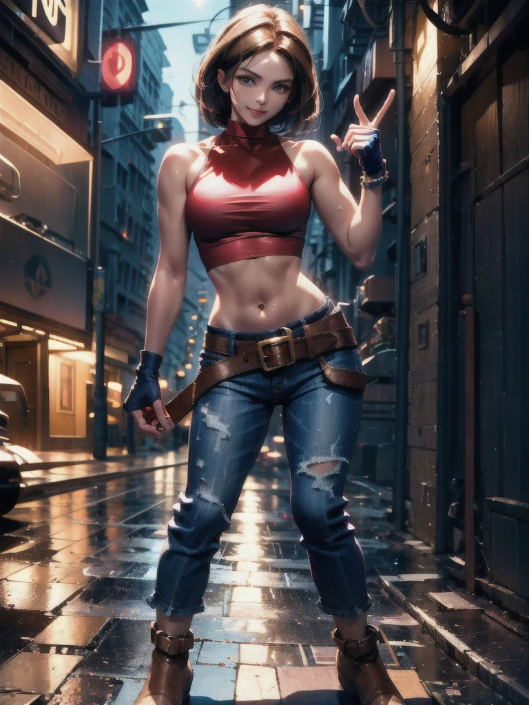 30 year old woman, alone, athletic, by the semi-cut ruby, she is wearing a tight red crop top, he wears blue jogger pants, has two belts, one small and the other a large belt hanging from his brown waist., wears blue fingerless gloves , he wears brown boots, smile at the viewer, points at the viewer, There is a little brown dog with white spots with her, high resolution, absurd, intricate, sharp focus, a New York alley in the background, Best Quality, Masterpiece, high resolution, Perfect picture, Very detailed, High contrast, Digital colors, simple, medium shot, cinematographic, ultra sharp focus, award-winning photography, perFect contrast, high sharpness, depth of field, ultra detailed photography, global illumination, fluid, ultra high definition, 8k, unreal engine 5, ultra-sharp focus, award-winning photography, Art Season Trends,
