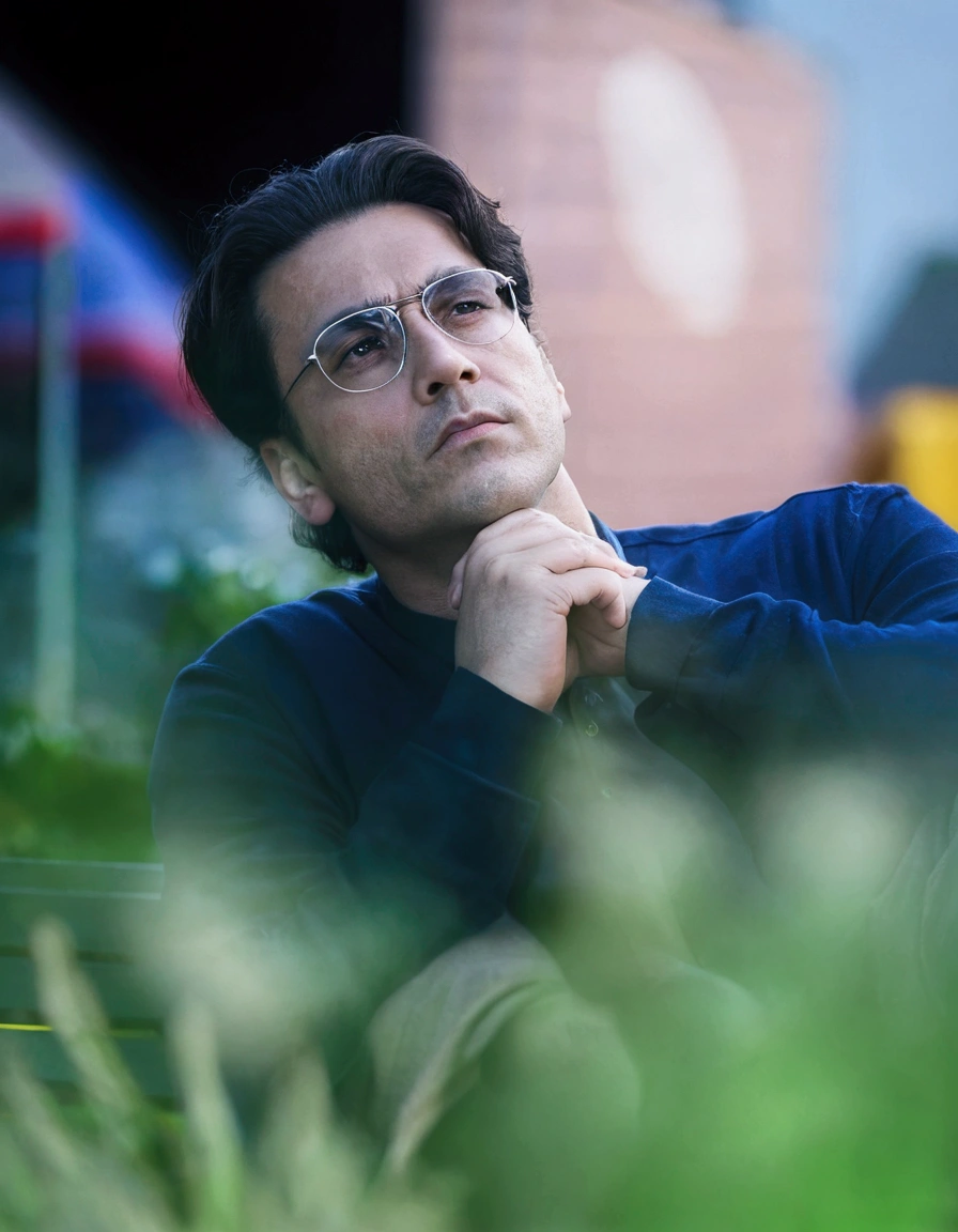 there is a man sitting on a bench deep in thought, candid picture, lost in thought, profile shot, , with a cool pose, candid shot, serious focussed look, distant thoughtful look