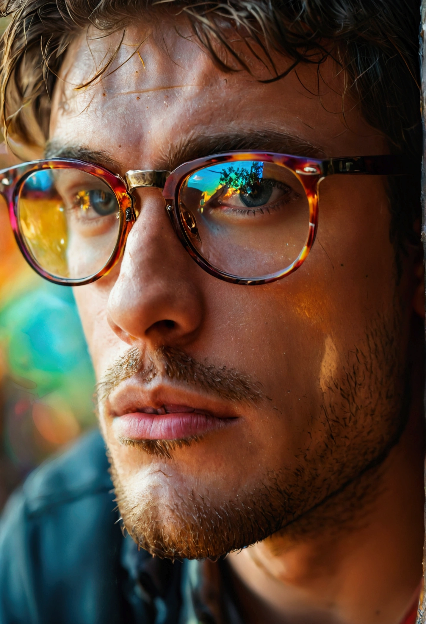Close up photo of a 25 year old men, with glases.