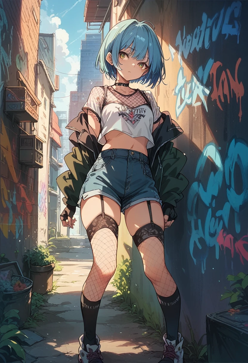 1 girl(short cut)Subculture lace top,Lace-up fingerless gloves,Shorts,Asymmetric fishnet knee-high socks,garter belt (Standing in front of the graffiti on the brick wall.)