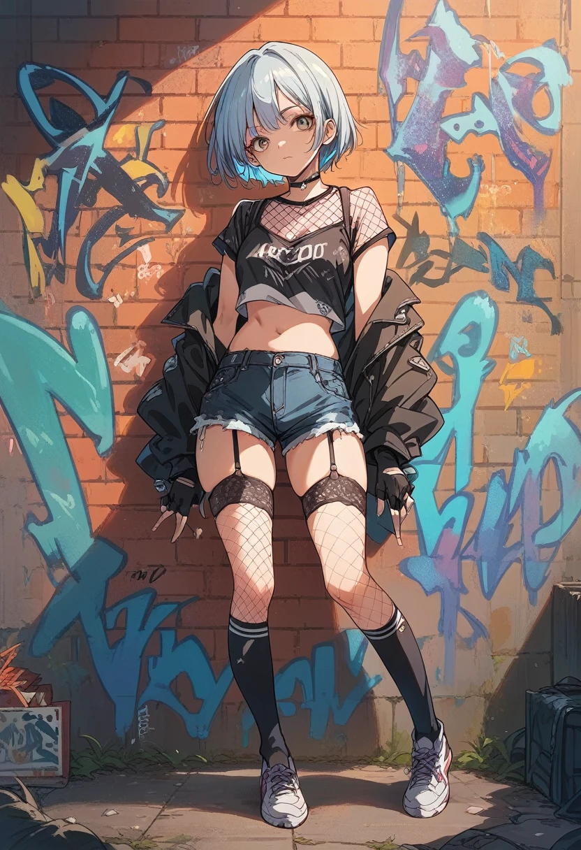 1 girl(short cut)Subculture lace top,Lace-up fingerless gloves,Shorts,Asymmetric fishnet knee-high socks,garter belt (Standing in front of the graffiti on the brick wall.)