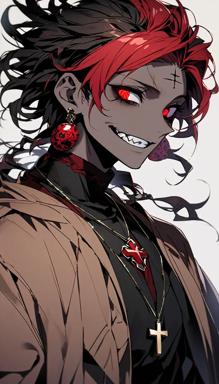 a man with dark skin with curly red hair, he wears a pink shirt with a brown coat and a necklace with an inverted cross attached to it as a pendant, he has red eyes with distorted pupils and a three-pointed scar in the middle of his head. forehead, he wears red pebble earrings, he wears black dress pants and mid-calf boots with high heels, he has a horrifying smile with several crooked teeth, he stares at you in an extremely frightening way, he is handsome with a elegant yet extremely hideous and strange way.