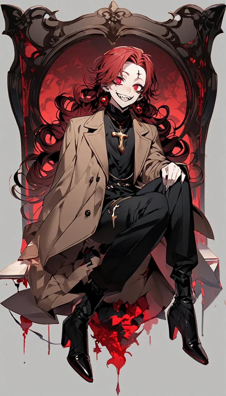 a man with dark skin with curly red hair, he wears a pink shirt with a brown coat and a necklace with an inverted cross attached to it as a pendant, he has red eyes with distorted pupils and a three-pointed scar in the middle of his head. forehead, he wears red pebble earrings, he wears black dress pants and mid-calf boots with high heels, he has a horrifying smile with several crooked teeth, he stares at you in an extremely frightening way, he is handsome with a elegant yet extremely hideous and strange way.