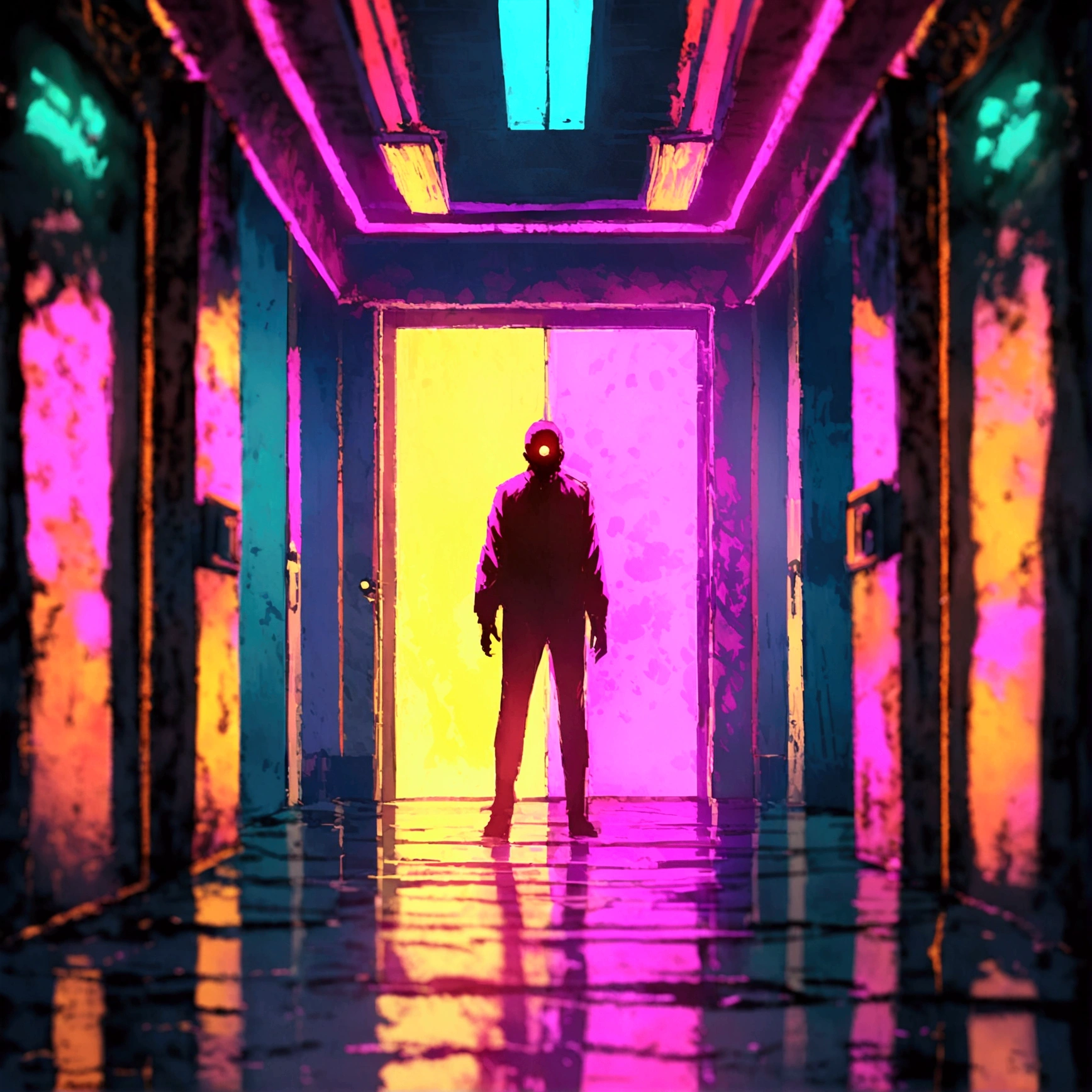 there is a man standing in a hallway, standing in front of the door, dark + concept art, independent video game horror, dark high-contrast concept art, [horror game], horror game graphics
