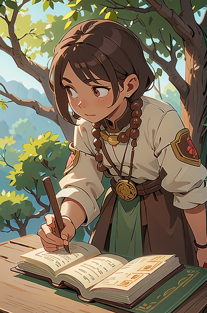 a prayer beads cord of brown beads with metalic medal carved with a tree, on a table, over a open book, focus in the medal