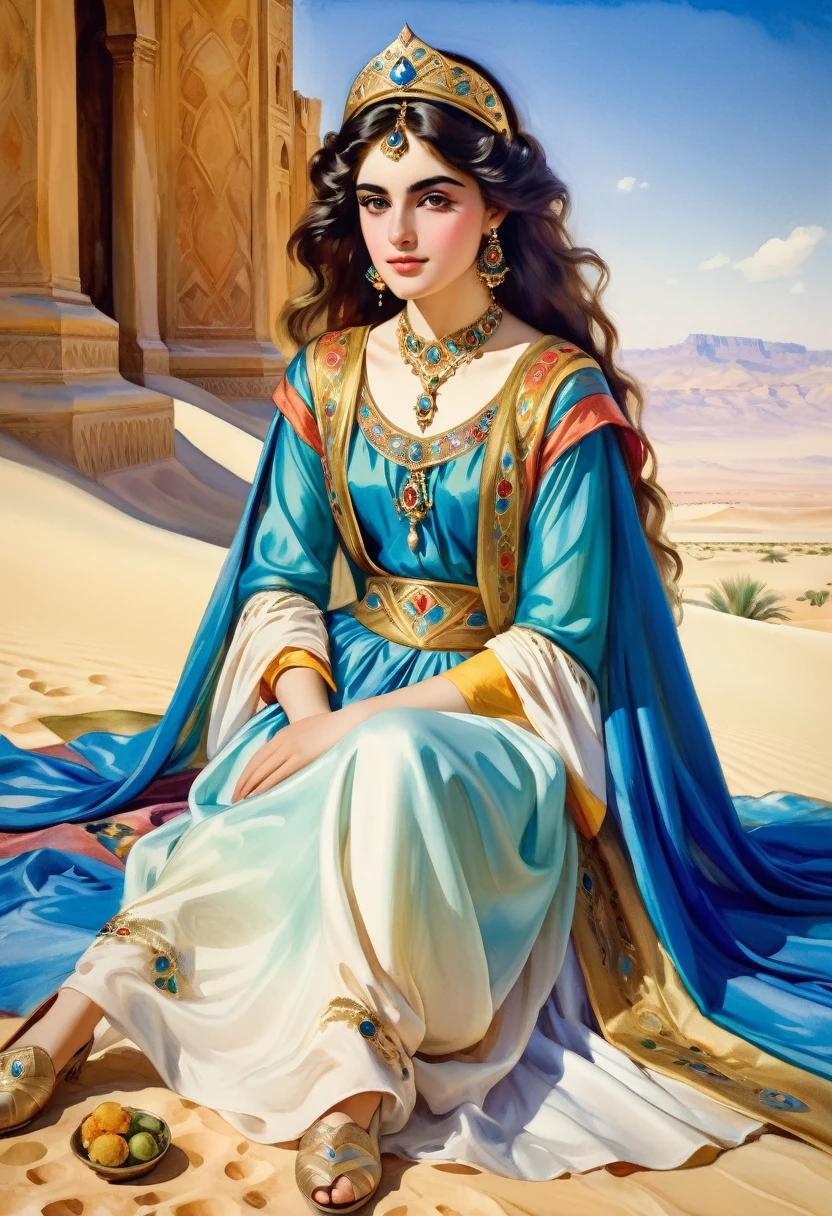 "An attractive young  princess Budur is sitting in Caracum desert" The outfit of a Persian princess ((in the style of Jean-Baptiste Greuze / Albrecht-Altdorfer )), lush watercolor palette canvas/acrylic, intricate, extreme detail, complex key, ((single shot)), ((best quality)), ((masterpiece)), ((realistic)), 8k, impressionism: 0.2 full hd wallpaper