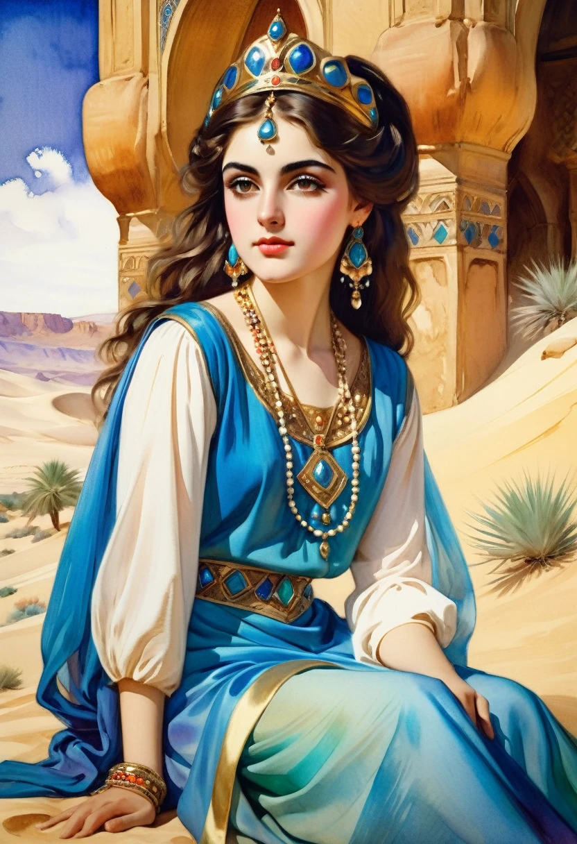"An attractive young  princess Budur is sitting in Caracum desert" The outfit of a Persian princess ((in the style of Jean-Baptiste Greuze / Albrecht-Altdorfer )), lush watercolor palette canvas/acrylic, intricate, extreme detail, complex key, ((single shot)), ((best quality)), ((masterpiece)), ((realistic)), 8k, impressionism: 0.2 full hd wallpaper