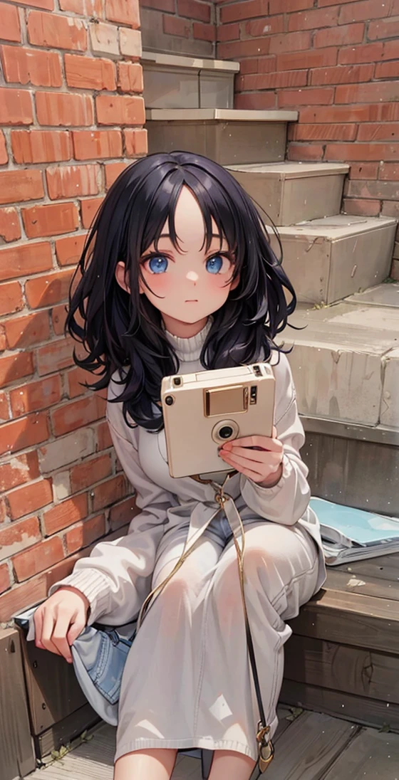 A girl in a white sweater and blue jeans sits and holds a camera to her face