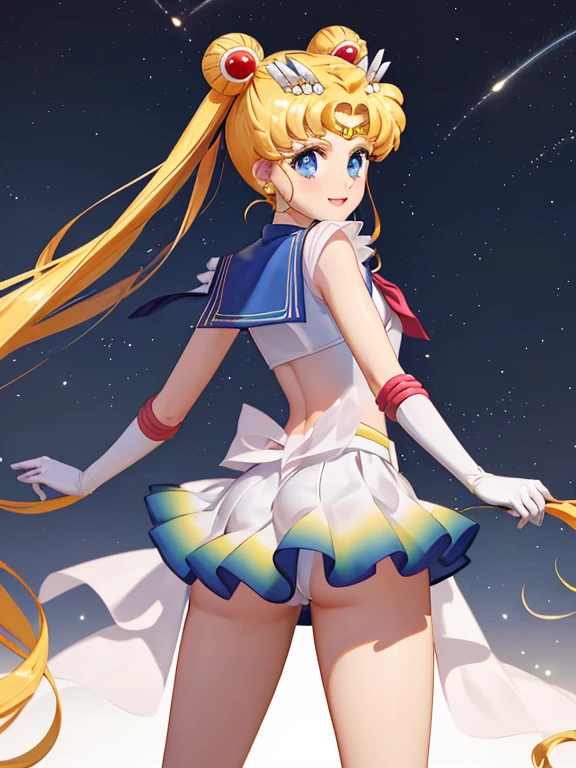 back shot, is, Masterpiece, The best quality, nothing, Manager 1, 1 girl, only, Uniforme Sailor Senshi, Sailor Moon, Usagi Tsukino, rubio, Magical Girl, blue eyes, white panties, red neckerchief, elbow gloves, tiara, blue skirt, pleated skirt, mini skirt, choker, white gloves, jewely, earrings, They are smiling, The background is space (excellent detail, Excellent lighting, wide angle), skirt lift, show panties, ((showing open legs)), no pants, from behind
