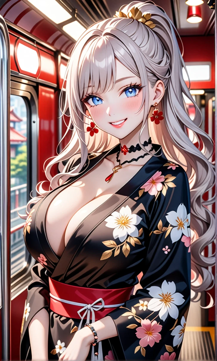 ultra-detailed, ((one girl)), (pale skin:1.4), in pastel colors gyaru, (heavy makeup), (professional lighting) hyper detailed, absurdres, 8K, Beautiful Face, (Laugh shyly), ((teasing smile:1.8)), ((Wink:1.7)), (Laugh with your mouth wide open),((Tilt your face:1.6)), View your viewers, ((Bright red cheeks:1.6)),Glossy Red Lips, ((Big Breasts:1.5)), ((undressing:1.2)), noon, Getting off the train , ((Anime style background)),masterpiece, Highest quality, so beautiful,Latest, Complex details, (Pink long nails), (nail art), (ring),(bracelet), (Floral Choker),AI-generated, Complex,High resolution, Highest quality, super high quality,3D Images、3D Images,One person,Pastel silver long hair,(High Ponytail), (wavy hair:1.3), Pastel anime woman posing for a photo, ((Fine grain、blue eyes、glowing eyes:1.4)), (Squint your eyes:1.1),a hyperRealistic , hyperRealistic , Realistic,Anime woman with long pastel white hair, Smooth anime CG art, A girl in a gorgeous black kimono, ((Black long-sleeved kimono)),(Pink large floral pattern), Golden embroidery, Long flower hair ornament,Floral Earrings,Mature Body, tall,Narrow waist, ((from side:1.2)),