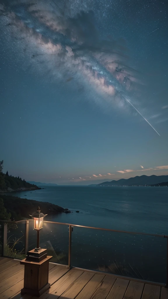 Expansive Sky: Showcase the vastness of the night sky, allowing the stars and shooting stars to occupy a significant portion of the composition., Dynamic Shooting Stars: Capture the movement and energy of the shooting stars as they streak across the sky, creating a sense of motion and wonder., Serene Landscape: Consider adding a tranquil landscape, such as distant mountains or a calm body of water, to enhance the sense of peace and serenity.