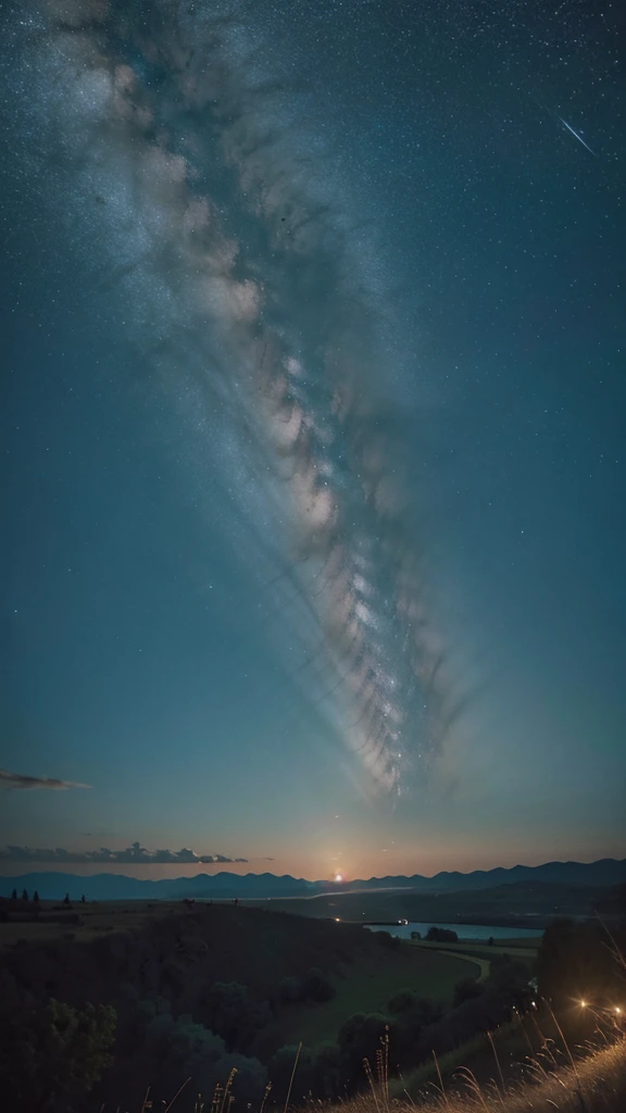 Expansive Sky: Showcase the vastness of the night sky, allowing the stars and shooting stars to occupy a significant portion of the composition., Dynamic Shooting Stars: Capture the movement and energy of the shooting stars as they streak across the sky, creating a sense of motion and wonder., Serene Landscape: Consider adding a tranquil landscape, such as distant mountains or a calm body of water, to enhance the sense of peace and serenity.