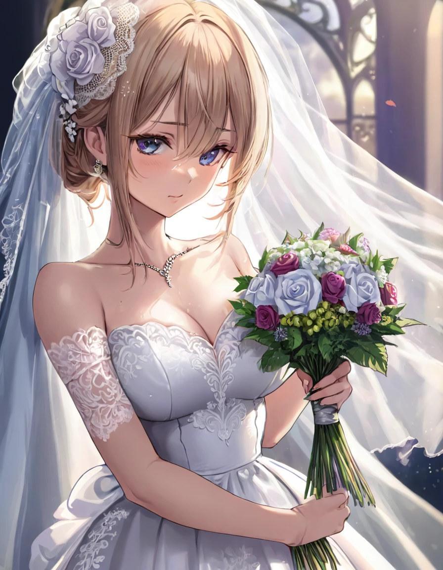 Girl with huge sagging breasts with a sweetheart neckline and a lace neckline ,bridal veil and bouquet 