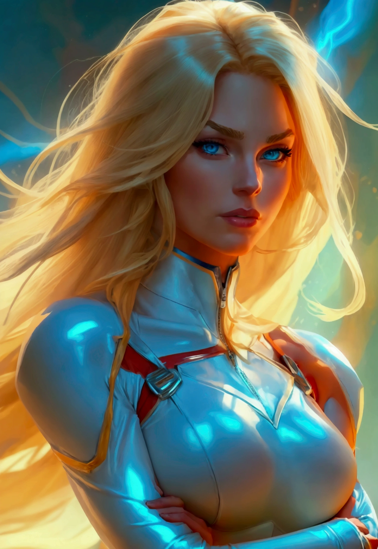 A superheroine with a long, voluminous and flowing blonde hair, blue colored eyes, athletic body with muscular legs, big boobies, crossed arms, with serious expression, wearing a fitted white mandarin collar with long sleeves and partially open front zipper, white long boots, a choker with a red heart, Full-body image. Smooth digital art, detailed strokes with oil shading, highlighting your muscles and determined posture.