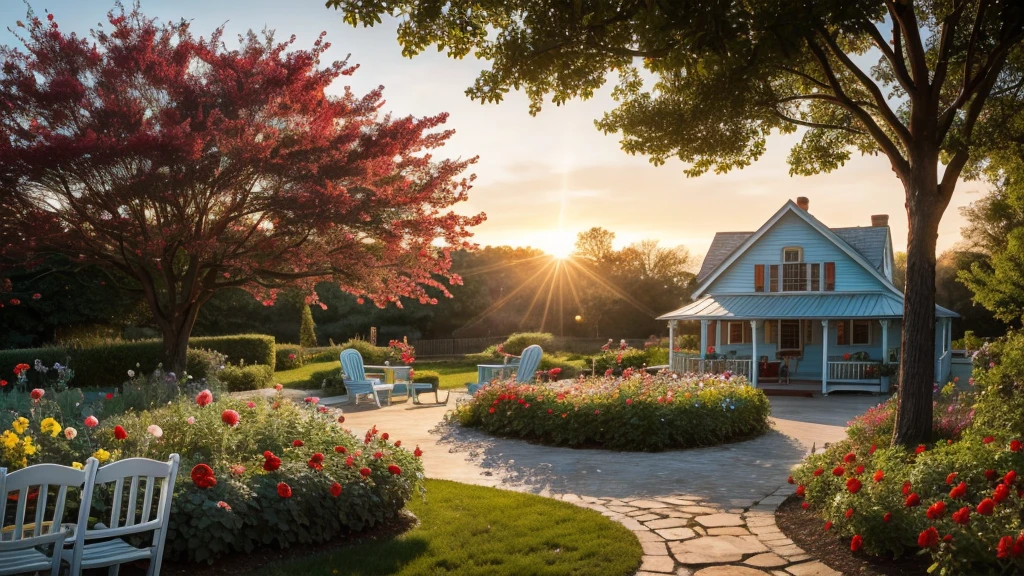 a garden of red roses, yellow, white, in a beautiful landscape and in the background a very cozy house with a porch with chairs, made of wood with light blue paint, with beautiful rays of sunlight in the late afternoon