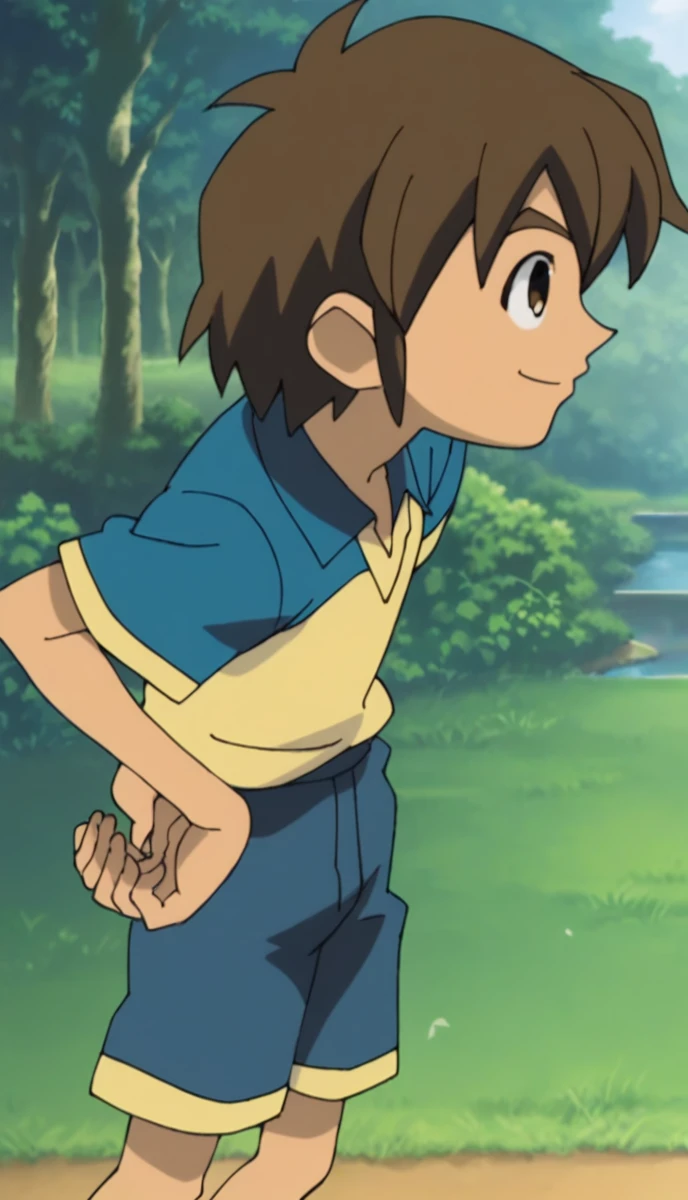 score_9, score_8_superior, score_7_superior, score_6_superior, score_5_superior, score_4_superior, sauce_anime, One boy, Handa Shinichi, Brown Hair, Brown eyes, Raimon Soccer Uniform, Pause, smile, Put your hands on your hips, View your viewers, (masterpiece、Highest quality、Highest quality、Official Art、Beautiful, beautiful:1.2)、(1 Girl:1.3)1 Boy,stream,Moss,small pebbles,forest,Short trousers,,Happy,water,bubble,water田, anime, One boy, Handa Shinichi, Brown Hair, Brown eyes, stop temporarily,下から見superiorげる構図