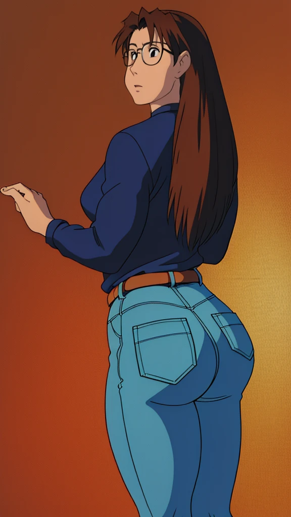 Koyomi mizuhara, glasses, brown hair, long hair, medium breasts, sports Long sleeved Jersey shirt, medium bubble butt, biker leggings, back of view, Wallpaper, luscious lips, 90’s, vintage, high quality, tight jeans, touching her butt, looing back, 