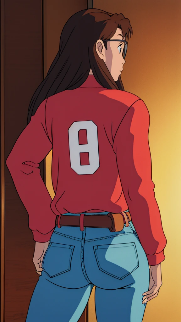 Koyomi mizuhara, glasses, brown hair, long hair, medium breasts, sports Long sleeved Jersey shirt, medium bubble butt, biker leggings, back of view, Wallpaper, luscious lips, 90’s, vintage, high quality, tight jeans, touching her butt, looing back,