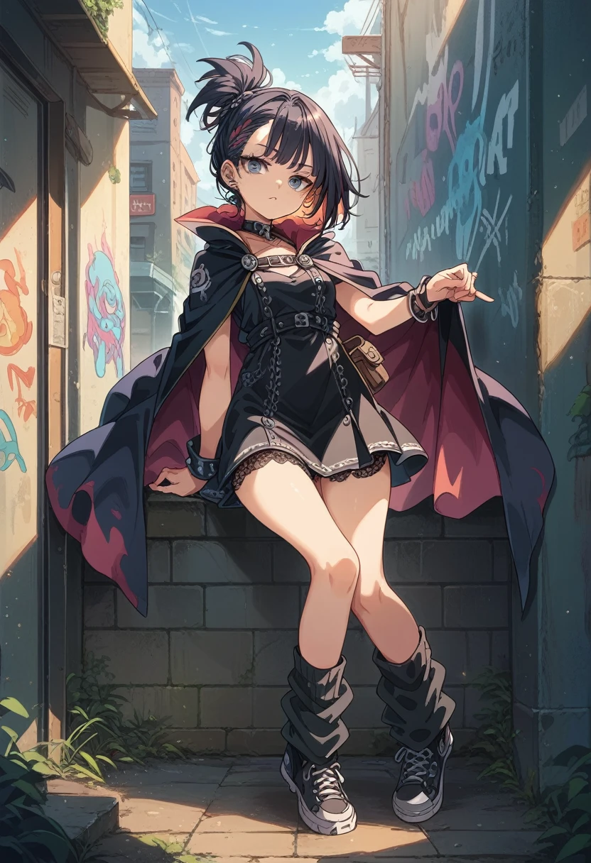 1 girl(short cut)(Border Gangster Subculture Cat Punk Knit,Dark Cape,flare skirt,Gothic Lace-up Leg Warmers)（Standing in front of the graffiti on the brick wall.)