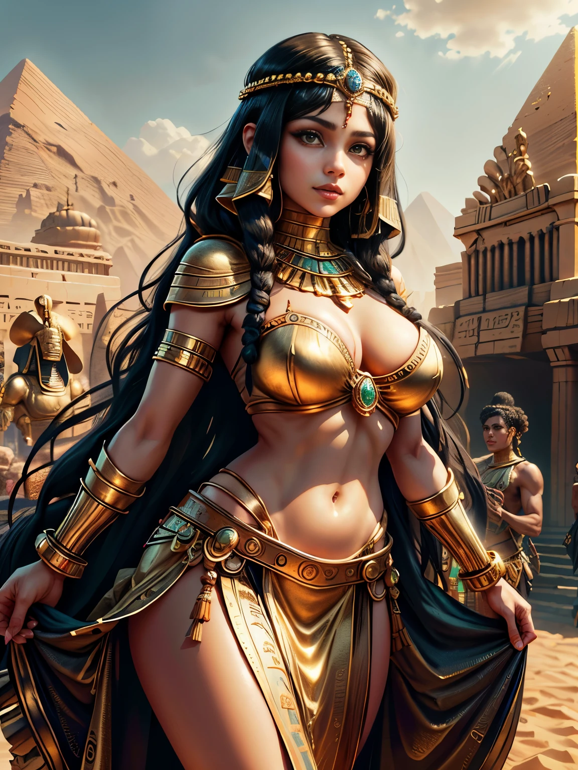 OldEgyptAI, cleopatra, Greeks, queen of Egypt, (Traditional Egyptian Wig), (beautiful detailed face and eyes:1.2), green eyes, black hair, (hair slicked back), bob cut, light skin, finely detailed skin, medium breasts, Egyptian white sleeveless dress, (Egyptian costumes rich in gold and jewels), Egypt Dressup, gorgeous skirt, gorgeous gold jeweled necklace, earrings, Golden accessories all over the body, 1girl, solo, best quality, (masterpiece:1.2), high quality, Highres, (hyper detailed), (portrait), photorealistic, 4K, ultra HD, insanely detailed and intricate, high resolution, HDR, extremely detailed CG, f 2.8 lens, detailed background, detailed landscape, (dynamic pose:1.2), (cowboy shot:1.2), Oasis, cinematic lighting, smile, one pyramid, desert,