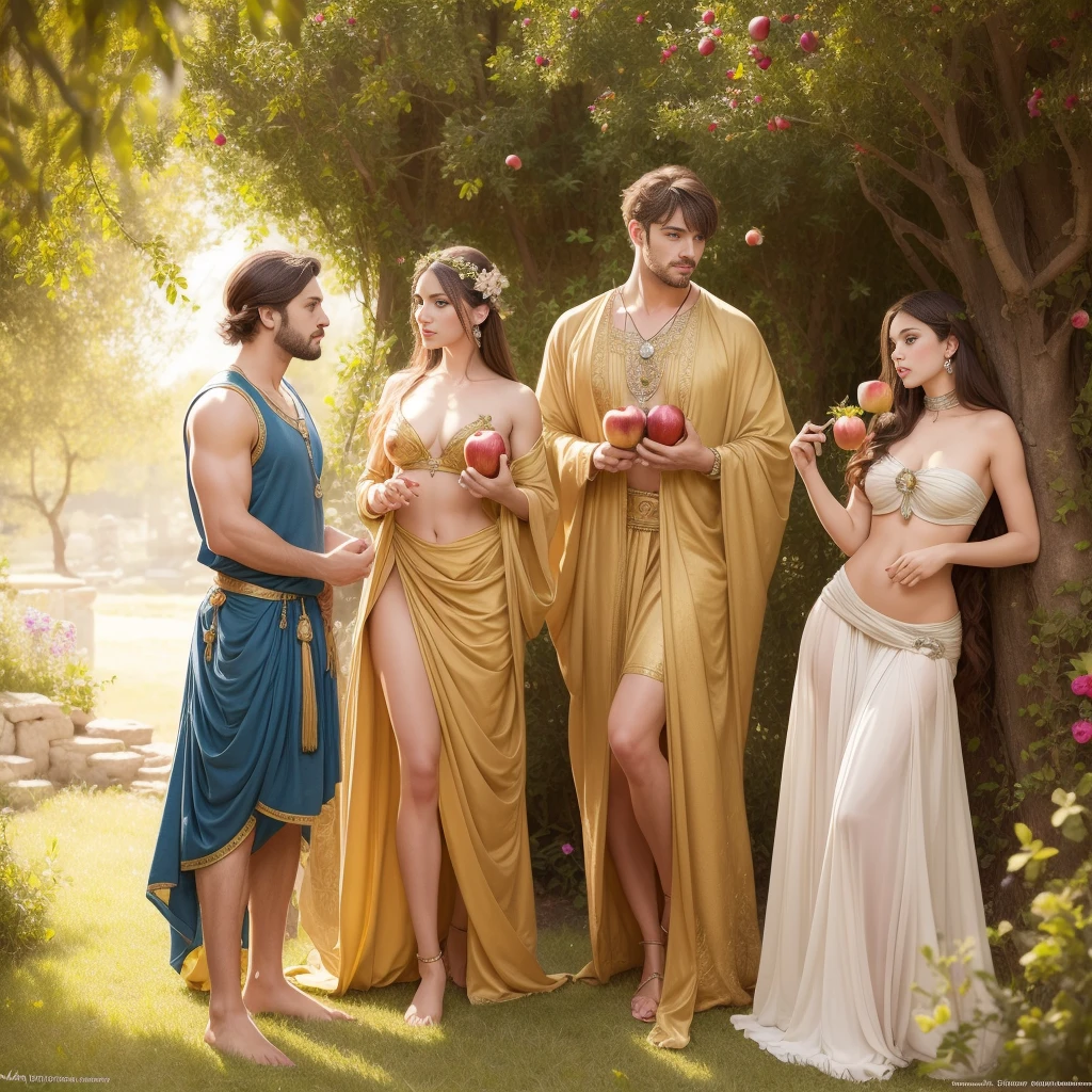 fullbody, painted of full body of four peoples, foot on ground, a standing greek handsome man give an apple to a naked woman with flower, a woman with shield, a woman stand front of a Peacock, masculine, mature, muscular, hairy torso, fantasy, intricate, elegant, highly detailed, digital painting, artstation, concept art, smooth, sharp focus, illustration, art by gaston bussiere and alphonse mucha, looking each other.