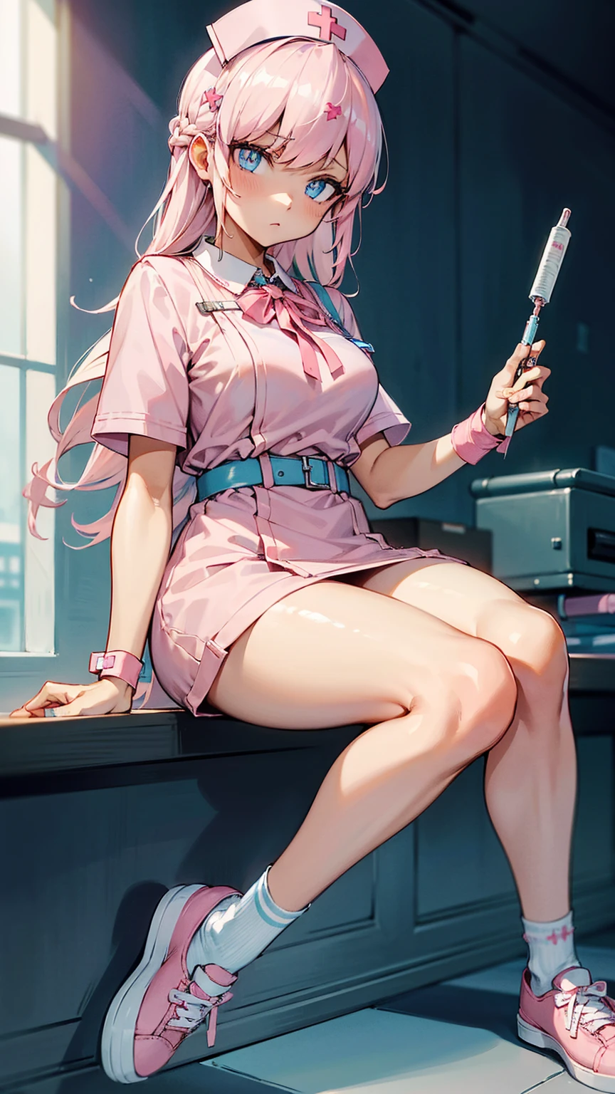 ((masterpiece)), ((Best quality)), (A high resolution:1.3), (Professional photography:1.2), 1 girl (Bianca Abercrombie), One, Bandage, cross Bandage, ((pink shoes)), розовый hair, Blue eyes, pink pupils, shy, bare thighs, Pink nurse clothes, nurse cap, (nurse uniform), Cross decoration, nurse, Tsundere face, Go towards the viewer, (Hold a syringe in your hand), Clinic