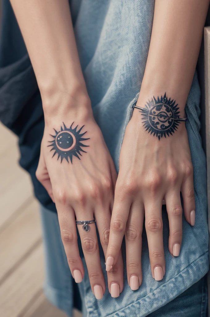 Photo of a hand and forearm, with a recent, small tattoo of a sun between the hand and forearm 
