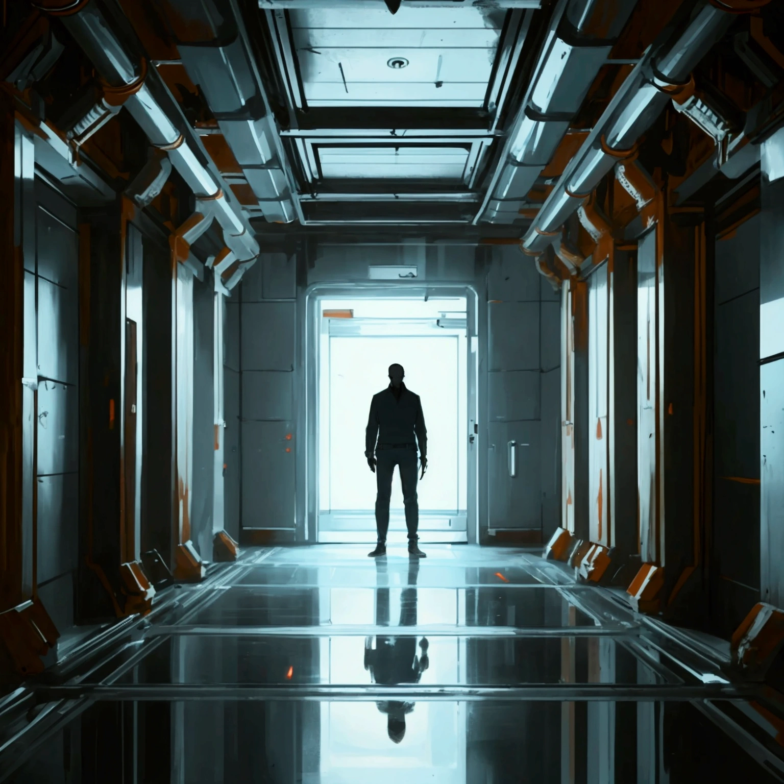 there is a man standing in a hallway, standing in front of the door, dark + concept art, independent video game horror, dark high-contrast concept art, [horror game], horror game graphics