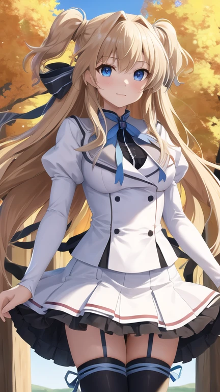 masterpiece, best quality, highres, 1girl, solo, long hair, blonde hair, two side up, (hair ribbon:1.1), blue eyes, neck ribbon, , white jacket, juliet sleeves, long sleeves, white skirt, thigh ribbon, black thighhighs, outdoors, cowboy shot, standing,