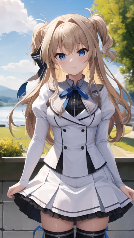 masterpiece, best quality, highres, 1girl, solo, long hair, blonde hair, two side up, (hair ribbon:1.1), blue eyes, neck ribbon, , white jacket, juliet sleeves, long sleeves, white skirt, thigh ribbon, black thighhighs, outdoors, cowboy shot, standing,