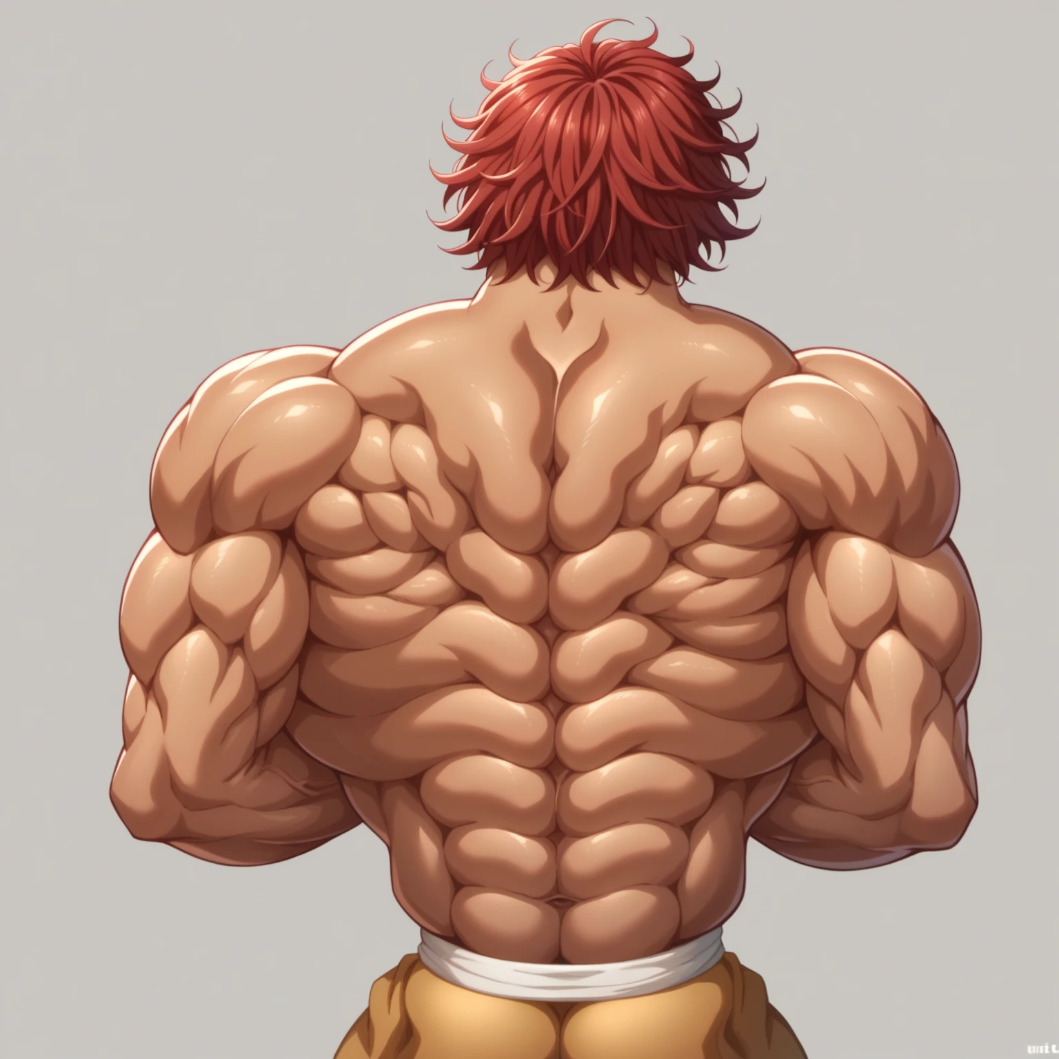 ("Saramambiche" text logo:1.5), YujiroHanma but his back is turned, shirtless, muscular male, red hair, manly, veins, upper body, back, graphic illustration, comic art, graphic novel art, vibrant, highly detailed, simple background