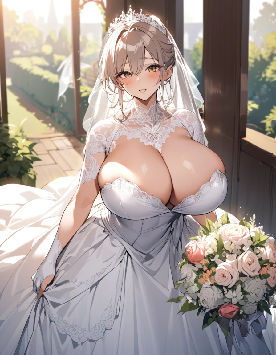 Girl with huge sagging breasts with a sweetheart neckline and a lace neckline ,bridal veil and bouquet 