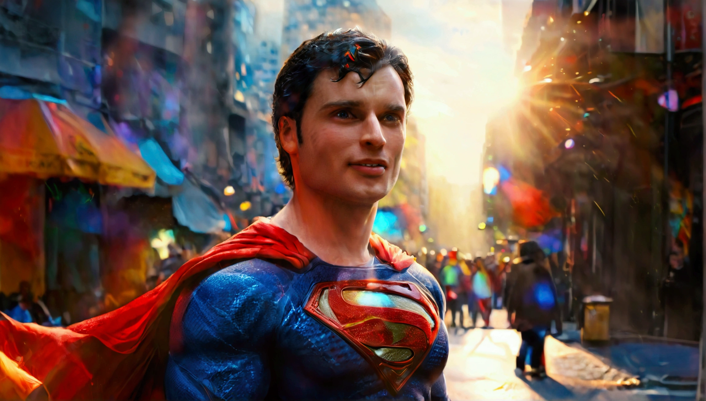 Imagine a scene where Tom Welling, dressed as Superman, is standing on a busy city street. The sun is shining brightly, casting a warm glow on the scene. Tom Welling is wearing the iconic Superman suit, complete with the red cape flowing slightly in the breeze. His dark hair is neatly styled, and he has a broad, friendly smile on his face.

He's holding a pen in one hand and a stack of photographs in the other, which he's signing for a large, enthusiastic crowd of fans. The fans, a diverse mix of ages and backgrounds, are excitedly reaching out with their own items to be signed, such as comic books, posters, and memorabilia. Some fans are holding up their phones, capturing the moment with photos and videos.

The background is bustling with city life, with tall buildings, street vendors, and other pedestrians going about their day. There's a sense of energy and excitement in the air, as people in the crowd chat and share their excitement about meeting their hero. The overall atmosphere is one of joy and admiration, with Superman bringing a bit of magic to an ordinary day.