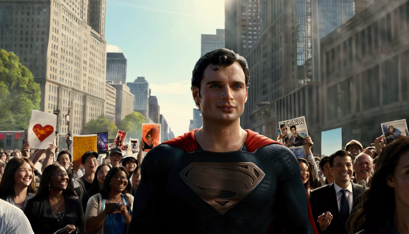 Imagine a scene where Tom Welling, dressed as Superman, is standing on a busy city street. The sun is shining brightly, casting a warm glow on the scene. Tom Welling is wearing the iconic Superman suit, complete with the red cape flowing slightly in the breeze. His dark hair is neatly styled, and he has a broad, friendly smile on his face.

He's holding a pen in one hand and a stack of photographs in the other, which he's signing for a large, enthusiastic crowd of fans. The fans, a diverse mix of ages and backgrounds, are excitedly reaching out with their own items to be signed, such as comic books, posters, and memorabilia. Some fans are holding up their phones, capturing the moment with photos and videos.

The background is bustling with city life, with tall buildings, street vendors, and other pedestrians going about their day. There's a sense of energy and excitement in the air, as people in the crowd chat and share their excitement about meeting their hero. The overall atmosphere is one of joy and admiration, with Superman bringing a bit of magic to an ordinary day.