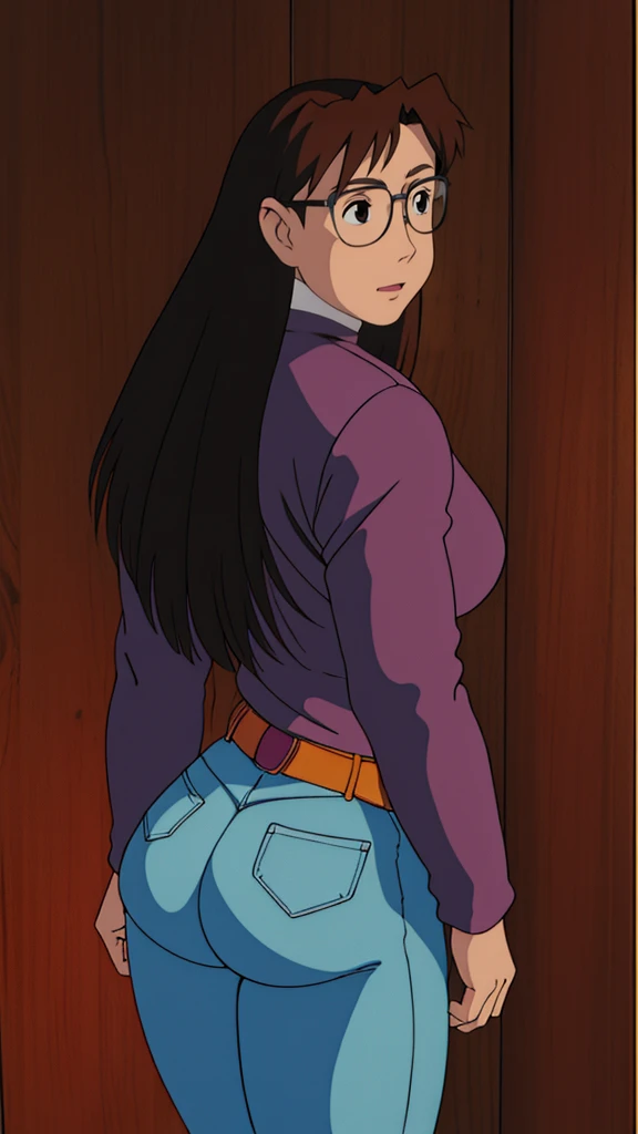 Koyomi mizuhara, glasses, brown hair, long hair, medium breasts, sports Long sleeved Jersey shirt, medium bubble butt, biker leggings, back of view, Wallpaper, luscious lips, 90’s, vintage, high quality, tight jeans, touching her butt, looing back, aroused 