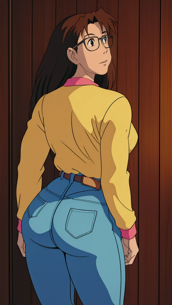 Koyomi mizuhara, glasses, brown hair, long hair, medium breasts, sports Long sleeved Jersey shirt, medium bubble butt, biker leggings, back of view, Wallpaper, luscious lips, 90’s, vintage, high quality, tight jeans, touching her butt, looing back, aroused 