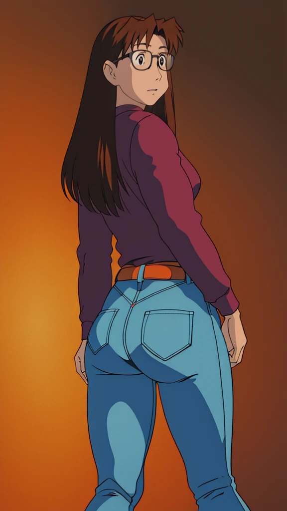 Koyomi mizuhara, glasses, brown hair, long hair, medium breasts, sports Long sleeved Jersey shirt, medium bubble butt, biker leggings, back of view, Wallpaper, luscious lips, 90’s, vintage, high quality, tight jeans, touching her butt, looing back, aroused 