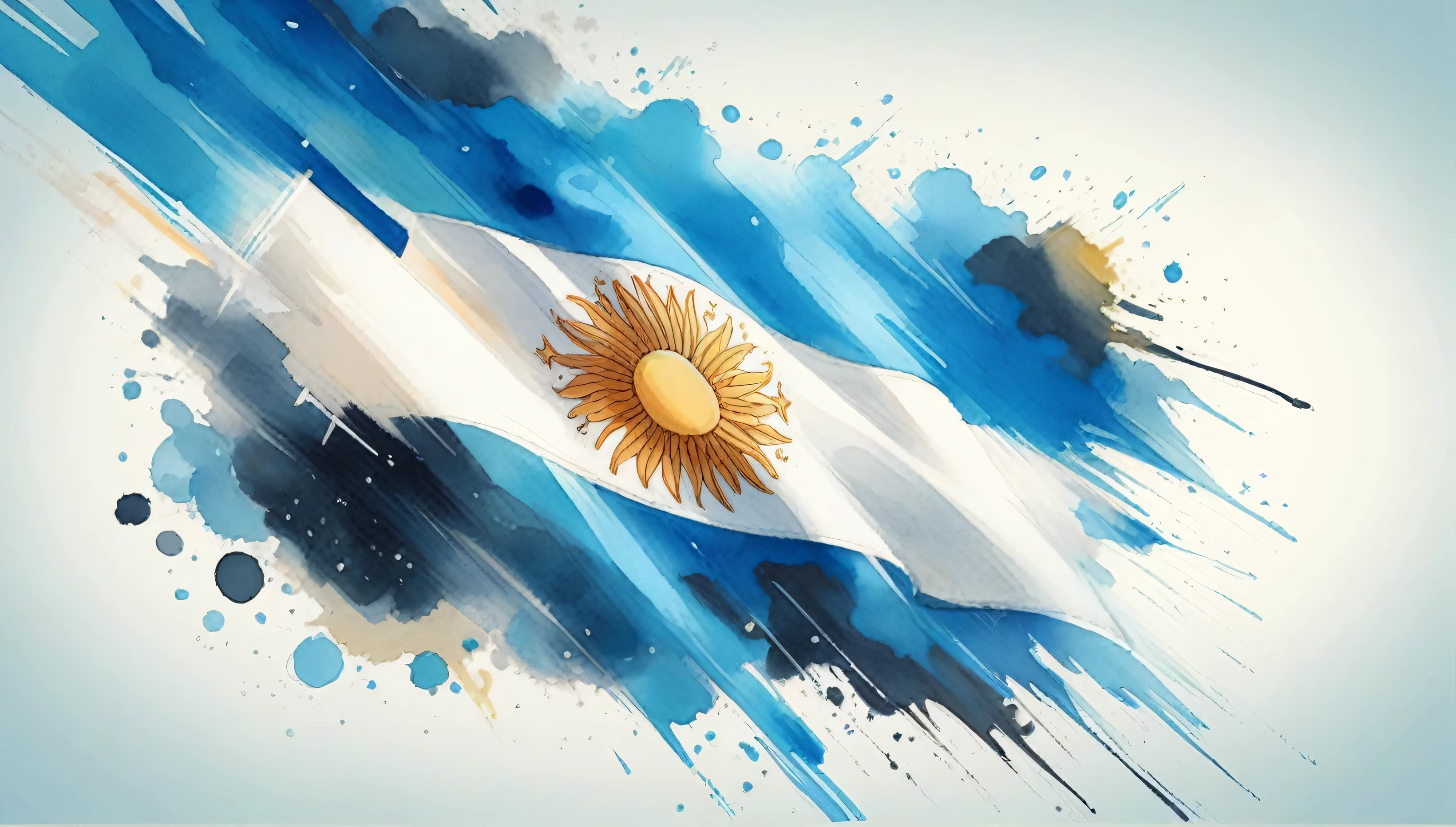 Flag - Design: The flag is made up of three horizontal stripes of equal width.. The top and bottom bands are sky blue, and the central stripe is white.
- May Sun: In the center of the white stripe, there is the May Sun, an important symbol in Argentine culture. The sun is golden yellow with a human face and 32 rays that alternate between straight and wavy. This sun symbolizes freedom and independence.
Artistic Elements - Watercolor Style: The image uses a watercolor painting style, with colors that appear to have been applied with loose, fluid brushstrokes, giving a sense of movement and dynamism.
- Ink Effects: There are splashes and splashes of paint around the flag, in various shades of blue, white and yellow. These effects add a sense of energy and creativity to the image.
- Texture: The texture of watercolor painting is visible, with areas of transparency and color overlap that create depth and tonal variation.
- Direction of Brushstrokes: Brushstrokes appear to run diagonally from top left to bottom right, creating an impression that the flag is being moved by the wind or is moving quickly.
Colors - Sky Blue: Sky blue is the predominant color., used on the top and bottom stripes of the flag and the splashes around.
- White: The central stripe is white, representing purity.
- Golden Yellow: The May Sun is in golden yellow, standing out vibrantly against the white stripe.
Composition - Central Focus: The May Sun occupies the central point of the image, attracting the observer's gaze.
- Symmetry: The flag maintains traditional symmetry, with well-defined horizontal bands and the centralized Sun of May.
- Visual Dynamics: The use of dynamic brushstrokes and splashes of paint around the flag breaks the rigidity of symmetry, creating an intriguing and modern visual effect.
Background - Background Colors: The background is a soft mix of light tones, mainly white and very light blue, what ah