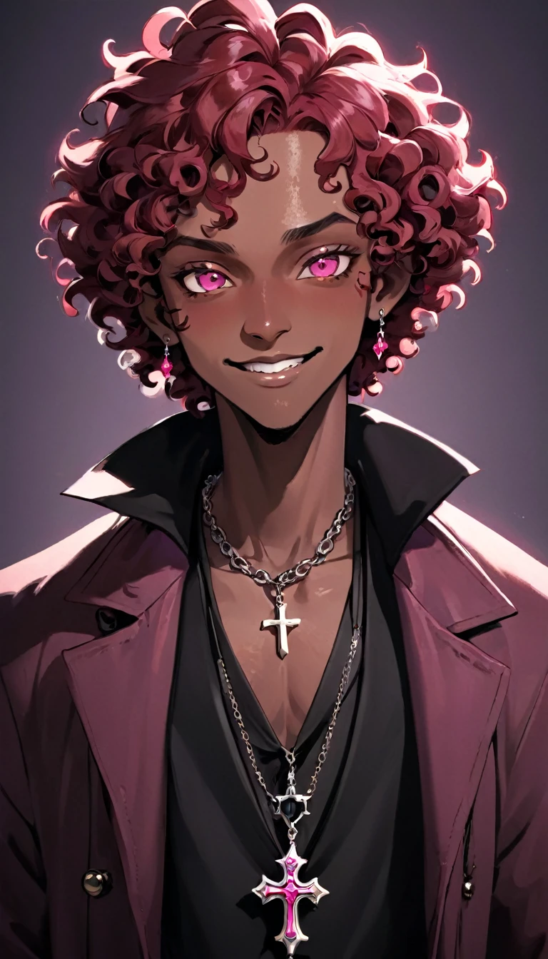 a man with dark skin with curly red hair, he wears a pink shirt with a brown coat and a necklace with an inverted cross attached to it as a pendant, he has red eyes with distorted pupils and a three-pointed scar in the middle of his head. forehead, he wears red pebble earrings, he wears black dress pants and mid-calf boots with high heels, he has a horrifying smile with several crooked teeth, he stares at you in an extremely frightening way, he is handsome with a elegant yet extremely hideous and strange way.