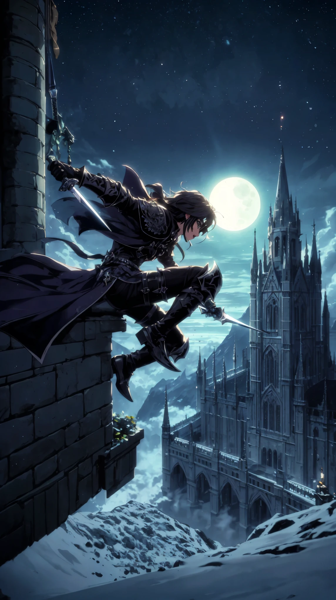 A nimble rogue, clad in sleek leather armor and wielding a pair of gleaming daggers, scales the imposing walls of a grand castle. Moonlight bathes the scene in an ethereal glow, highlighting the sharp angles of the castle architecture. The distant silhouette of a full moon peeks through the clouds, ((Best quality)), ((masterpiece)), (detailed:1.4), fighting (High Dynamic Range), Super-Resolution, ,Subsurface scattering, PBR Texturing, Post-processing,Anisotropic Filtering, Depth-of-field, Maximum clarity and sharpness, Multi-layered textures, Albedo and Specular maps, Surface shading, Accurate simulation of light-material interaction, Perfect proportions, Octane Render, Two-tone lighting, Wide aperture,Low ISO, White balance, Rule of thirds