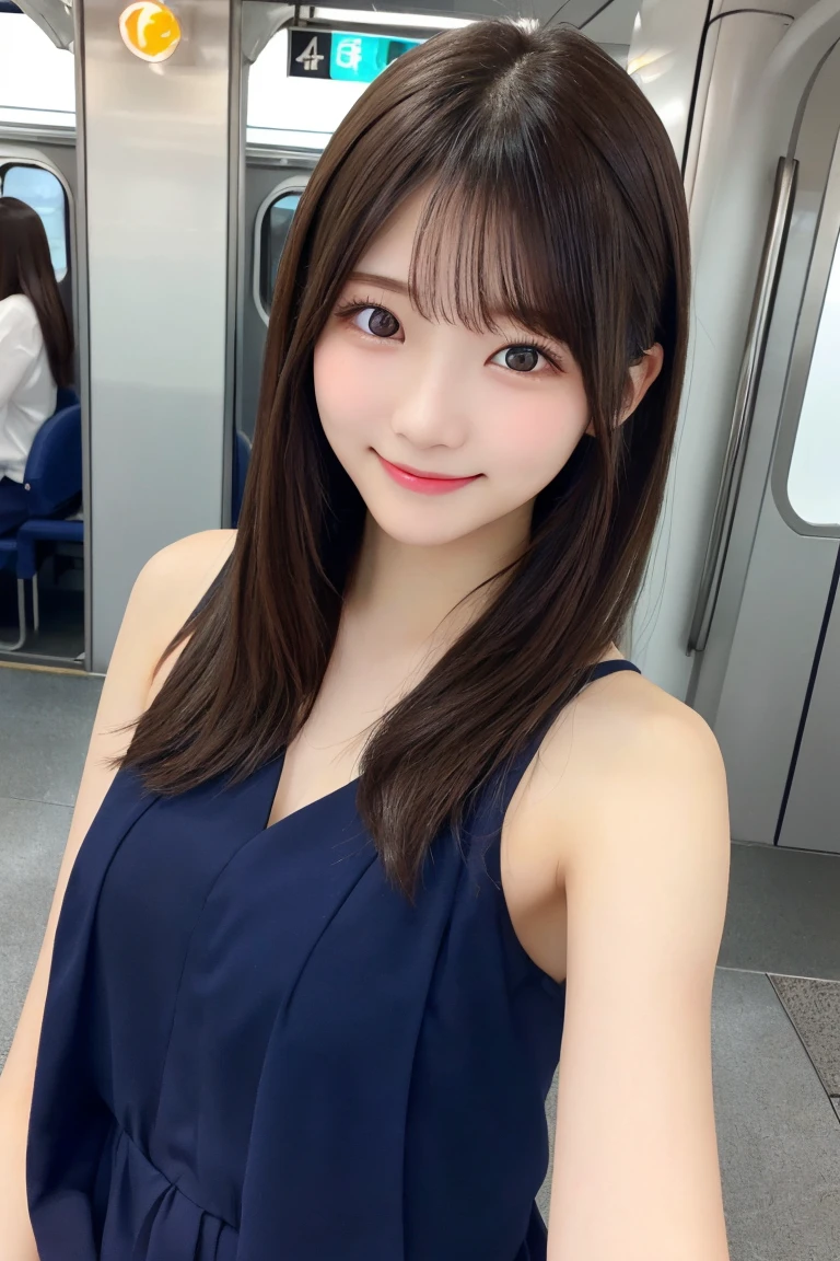 1 girl、japanese、Highest quality, (beautiful)、Very delicate eyes、Brown eyes、22-year-old female、summer、office、train、smile、cheeks are slightly plump、(((whole body)))、As if looking up from below、Various poses、Various hairstyles、Highly detailed face、Perfect lighting、 (Perfect hands、Perfect Anatomy)、