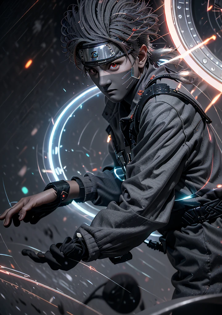 (dramatic, Grainy, intense:1.4),masterpiece, Highest quality, 8K, 非常識なdetailed, Intricate details, hyperdetailed, super high quality, High detail, ultra detailed, masterpiece,Upper Body, close,(Imide Shot,Macro photography:1.25),(Red eyes:1.5),(Gray Hair:1.8),1 adult man,
kakashi hatake from naruto, Holographic Reality, Holographic Halo, Motion Blur, Game light effect, Rim Light, Soft Light, movie Rim Light, Delicate Light, Cyberpunk Style, Studio Lighting,Artistic Rendering Style,Bright colors, Full Body Shot, 3D Artist, detailed, Futuristic, lightning,Real,wheel eye,