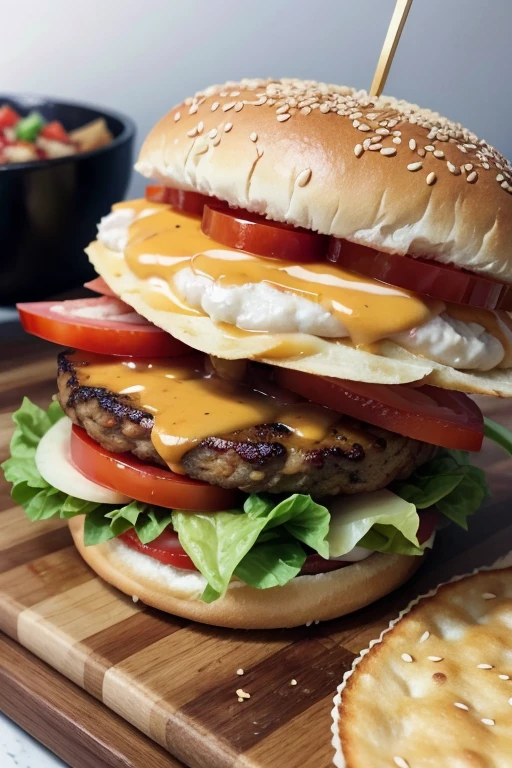 gourmet amburger with meats and ingredients around