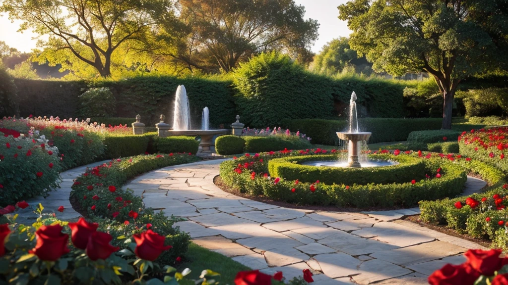 a garden of red roses, yellow, white, with a water fountain and several stone paths, in a beautiful landscape full of butterflies, with beautiful rays of sunlight in the late afternoon
