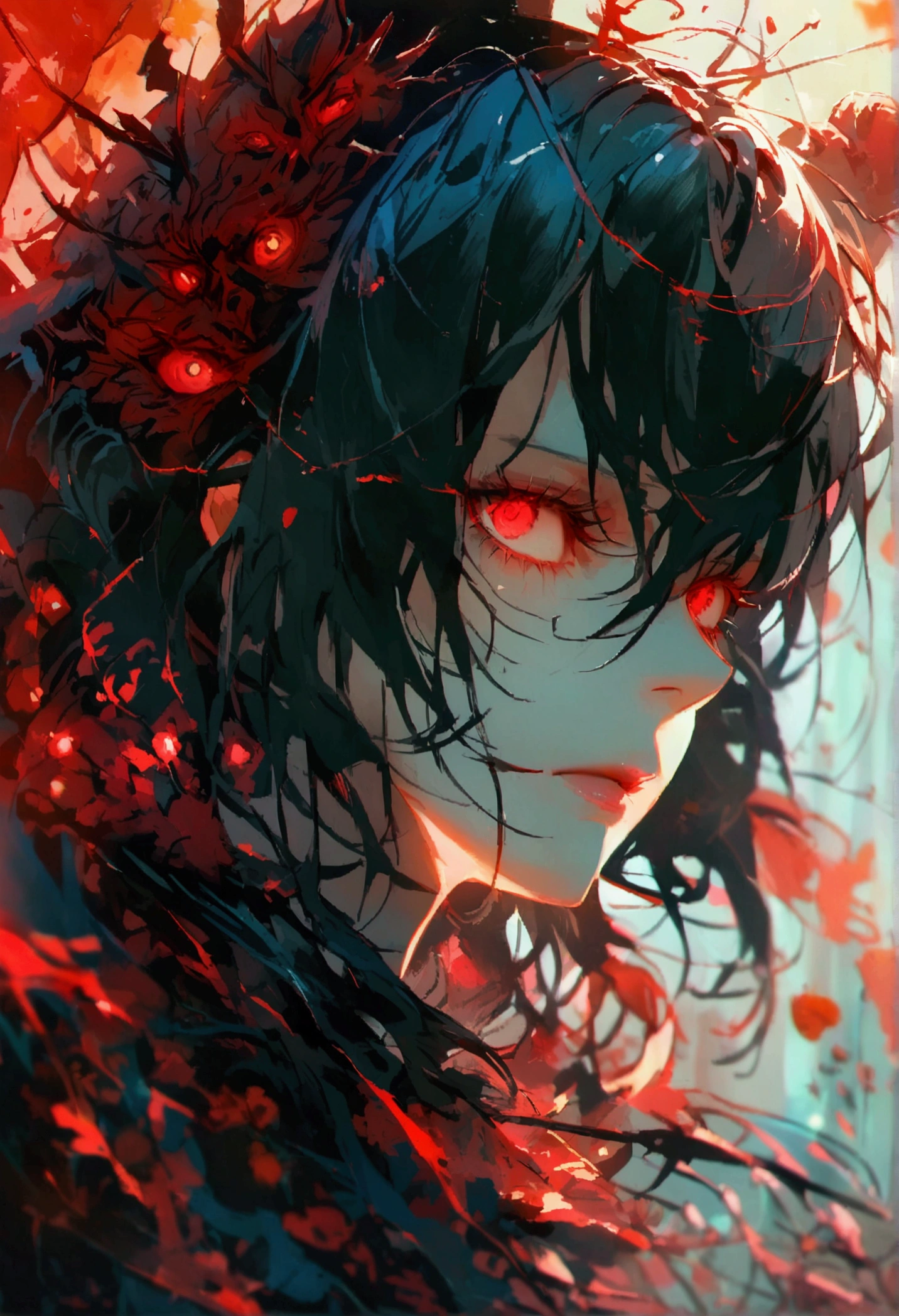 A sinister silhouette in the darkness red eyes