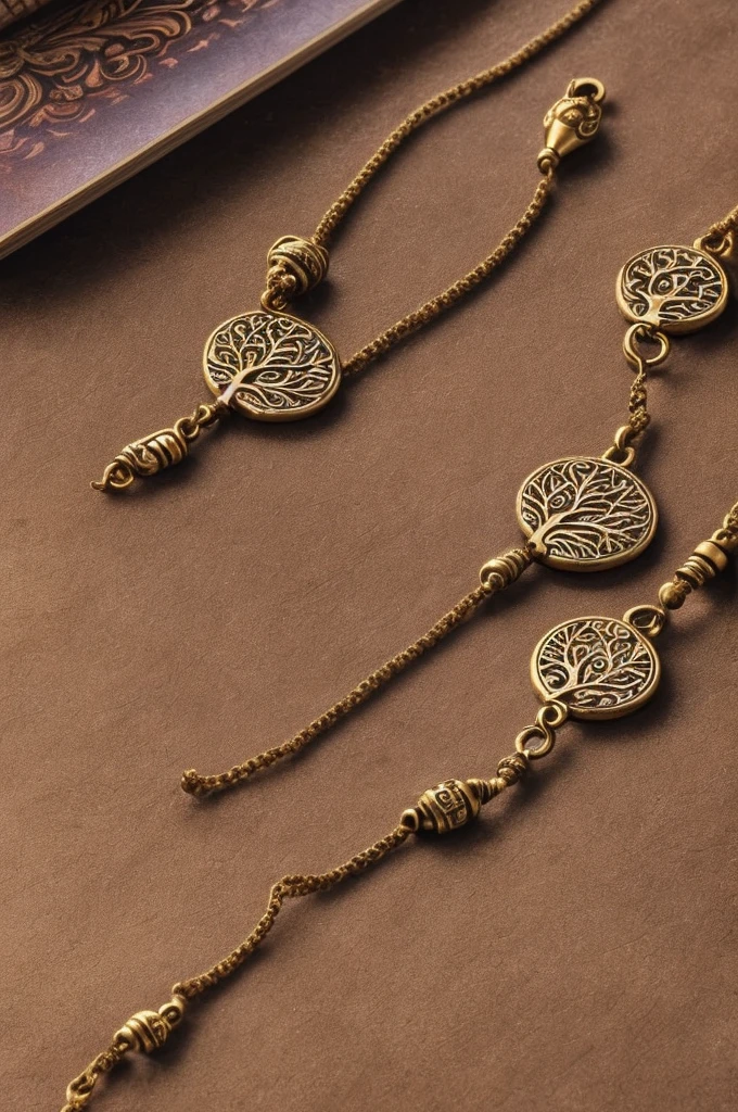 a prayer beads cord of a hundred brown beads, metallic medal carved with a tree, on a table, open book, detailed intricate design, photorealistic, high quality, natural lighting, warm colors, cinematic composition